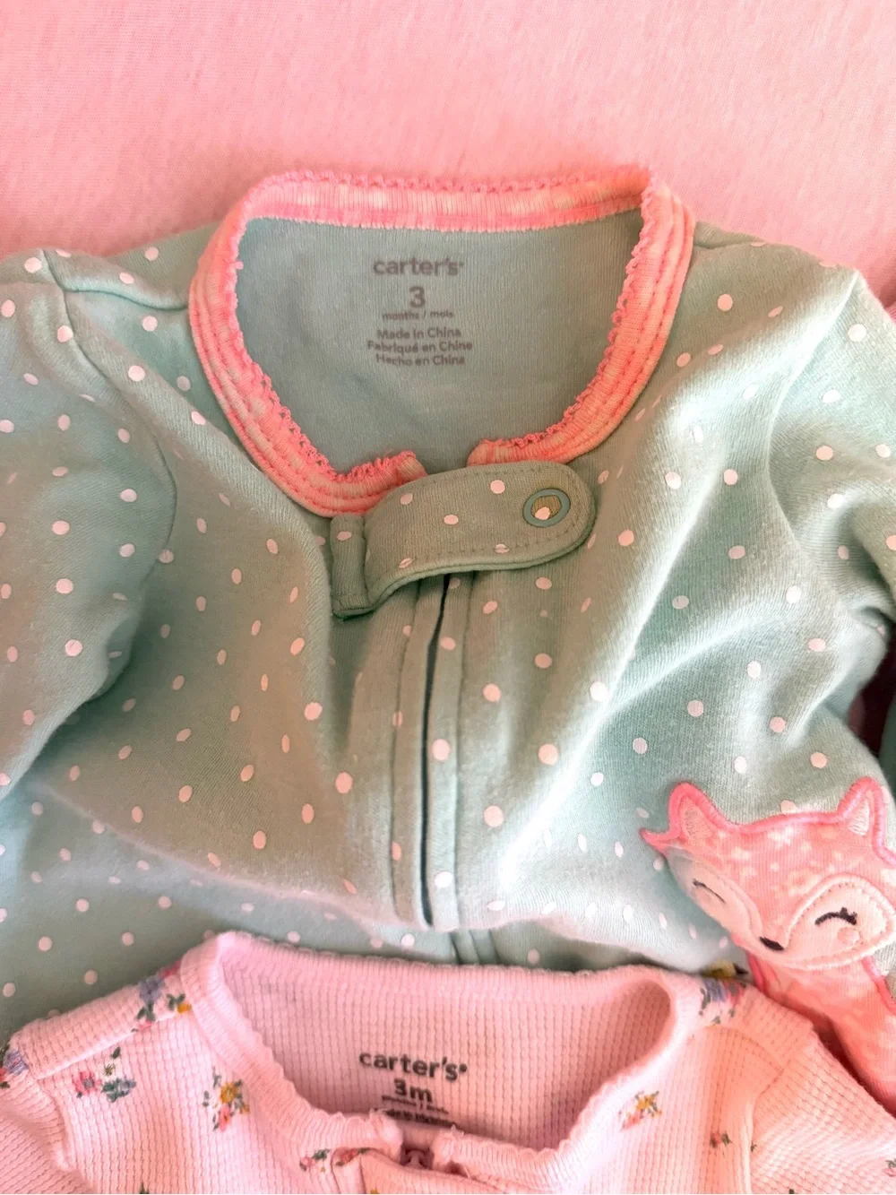 Carter’s Baby Girl Pink/Aqua One-Piece Sleeper BUNDLE of 4- pajama onesies- EUC